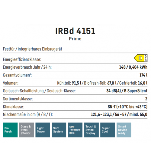 LIEBHERR利勃海尔 IRBd 4151   生物养鲜 嵌入式单门冰箱